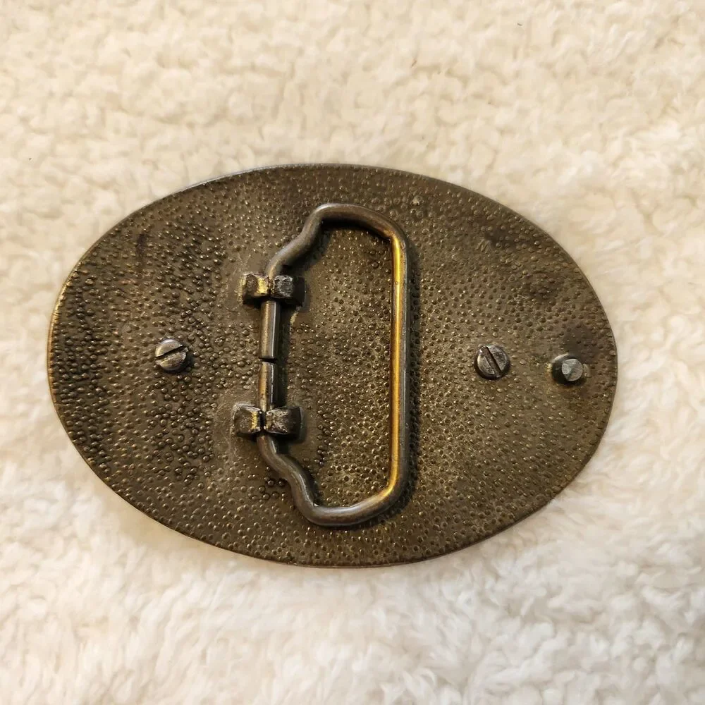 Vintage Western Belt Buckle Bronze Brass Tone Pink Faux Swirled Stone Cowboy